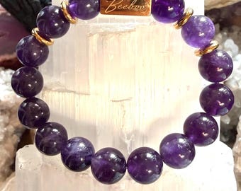 Genuine Amethyst Beaded Bracelet 18K Gold Plated, 10mm  – February Birthstone | Reiki Healing