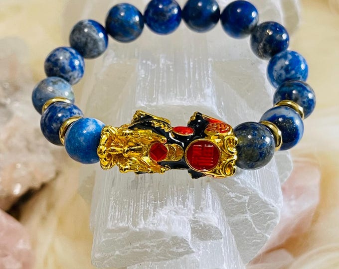 Lapis Lazuli Bracelet (10mm) with Feng Shui Pixiu | Natural Stone | Healing Jewelry | Gift for Her | Feng Shui Bracelet | Authentic Gemstone