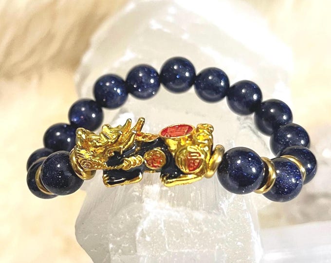 Blue Sandstone Pixiu Bracelet, Gold-Plated Dragon Charm, Wealth Talisman