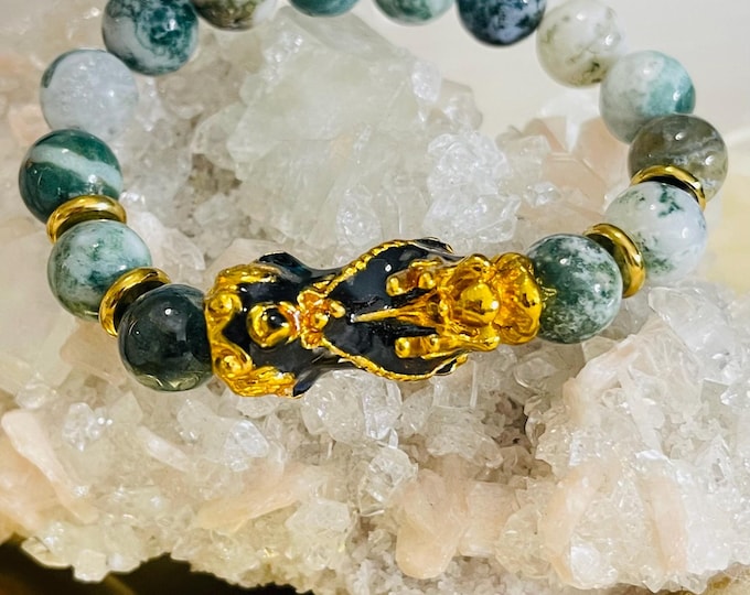 Tree Agate Bracelet (10mm) with Feng Shui Pixiu | Natural Stone | Healing Jewelry | Gift for Her | Feng Shui Bracelet | Authentic Gemstone