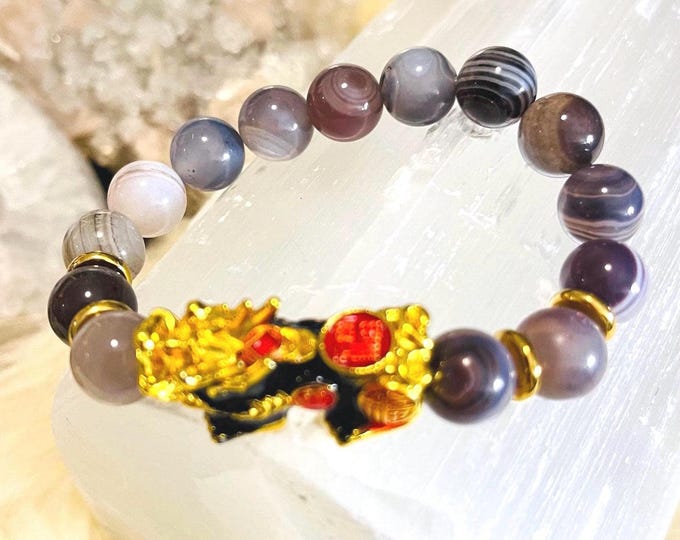 Botswana Agate Piyao | 10mm Natural High Quality Beaded Bracelet with Gold-Plated Pixiu | Luxury Feng Shui Wealth, Protection Jewelry
