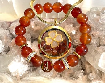 Aries Carnelian Jewelry Set, Gold Plated Necklace Bracelet, Rhinestone Astrology Gift