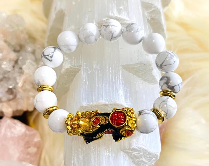Howlite Piyao | 10mm Natural High Quality Beaded Bracelet with Gold-Plated Pixiu | Luxury Feng Shui Wealth, Protection Jewelry
