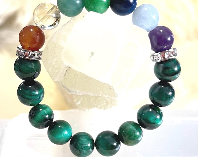 Luxury 7 Chakra Bracelet | Green Tiger Eye Gemstones with Sparkling Rhinestone Accents | Elegant Spiritual Healing Jewelry Gift