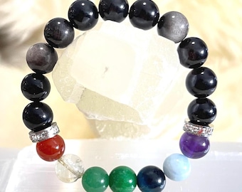 Obsidian 7 Chakra Bracelet Amethyst, Aquamarine, Blue Tiger Eye, Jade, Aventurine, Citrine, Carnelian | Gemstones with Sparkling Rhinestone