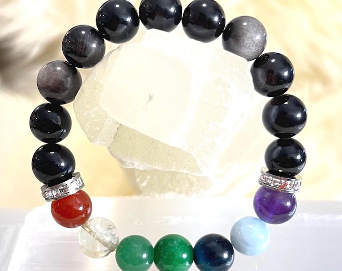 Obsidian 7 Chakra Bracelet Amethyst, Aquamarine, Blue Tiger Eye, Jade, Aventurine, Citrine, Carnelian | Gemstones with Sparkling Rhinestone