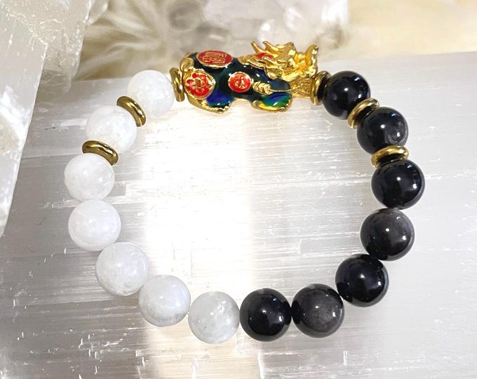 Obsidian & Moonstone Pixiu 10mm Bracelet  Protection, Intuition + Prosperity Talisman, Feng Shui Piyao Charm