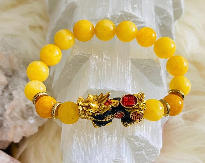 Yellow Jade Bracelet | Gold Pixiu Charm, Feng Shui Jewelry