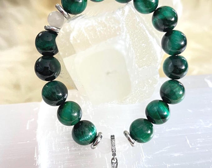 Green Tiger Eye Rosary Bracelet, 925 Sterling Silver, Unisex Healing Jewelry