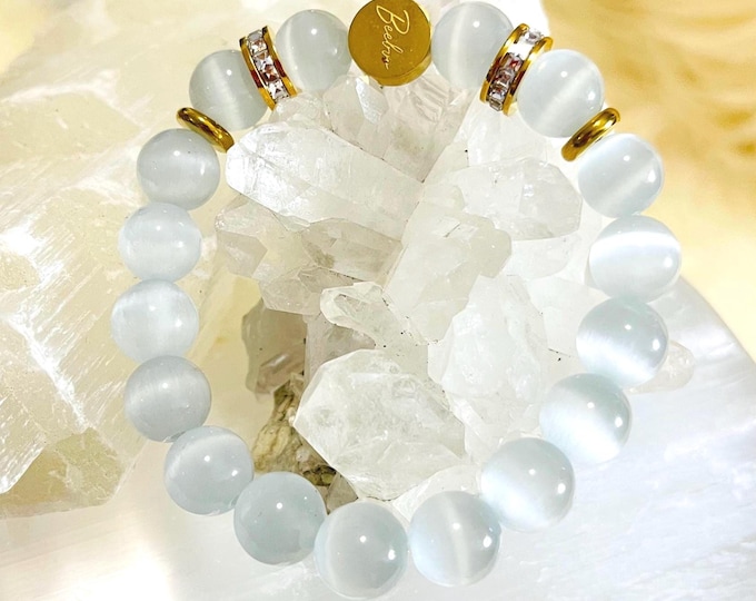 Cat's Eye Beaded Bracelet | 18K Gold Plated Rhinestone, Elastic Stacking Jewelry