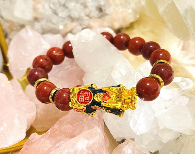 Red Jasper Piyao | 10mm Natural High Quality Beaded Bracelet with Gold-Plated Pixiu | Luxury Feng Shui Wealth, Protection Jewelry