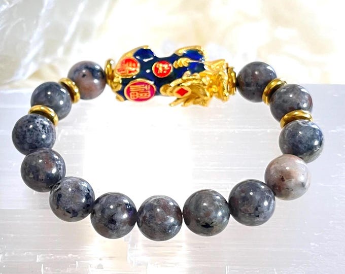 Yooperlite Pixiu Bracelet | Gold Dragon Charm, Feng Shui Wealth