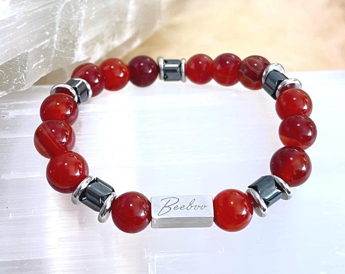 Carnelian & Hematite Bracelet | Men's 10mm Beaded Gemstone with Stainless Steel Accent