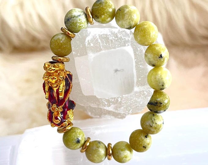 Serpentine Beaded Bracelet | Gold Pixiu Charm, Feng Shui Jewelry