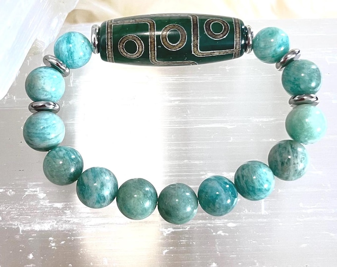 Luxury 9 Eye Dzi Agate Amulet Bracelet with Amazonite Gemstones | Powerful Protection, Prosperity, Luck & Spiritual Energy Jewelry
