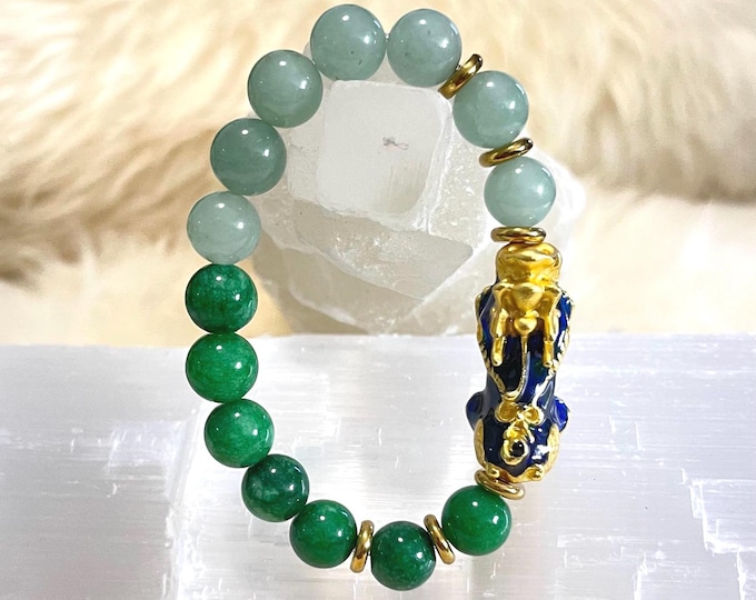 Jade and Green Aventurine Pixiu Bracelet Wealth, Luck, Prosperity Talisman | Gold Plated Piyao Feng Shui Jewelry