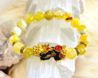 Yellow Fire Agate Piyao | 10mm Natural High Quality Beaded Bracelet with Gold-Plated Pixiu  Luxury Feng Shui Wealth, Protection, Prosperity