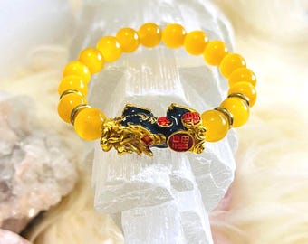 Yellow Cat's Eye Bracelet | Gold Pixiu Charm, Feng Shui Jewelry