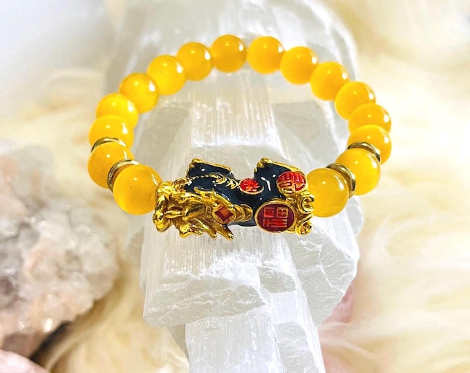 Yellow Cat's Eye Bracelet | Gold Pixiu Charm, Feng Shui Jewelry