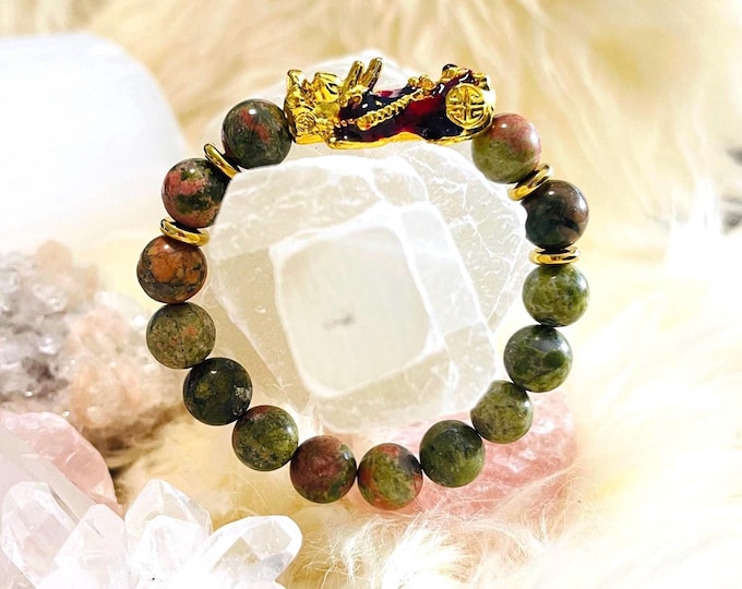 Unakite Dragon Pixiu Bracelet, 10mm Beads, Feng Shui Wealth & Protection, Prosperity Lucky Charm Unisex
