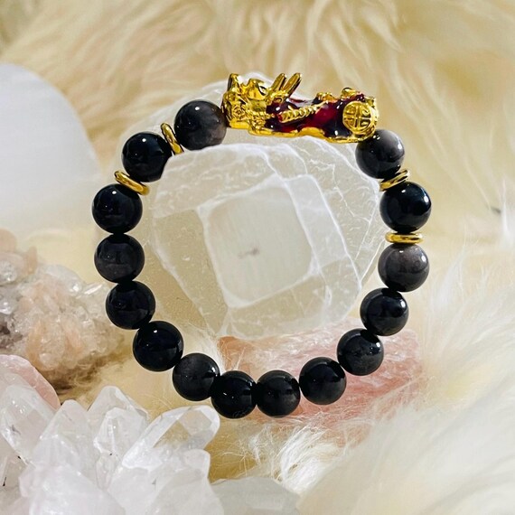 Double Pixiu Black Obsidian Pixiu Meaning Plus Value Black Obsidian Pixiu Bracelet Natural Crystal Beads For Men Women, Wealth, Clarity Protection