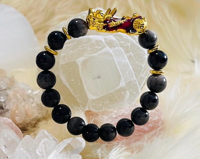 Obsidian Pixiu Pi Yao | 10mm Natural High Quality Beaded Bracelet with Gold-Plated Pixiu | Luxury Feng Shui Wealth & Protection Jewelry