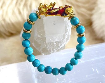 Turquoise Piyao | 8mm Natural High Quality Beaded Bracelet with Gold-Plated Pixiu | Luxury Feng Shui Wealth, Protection, Prosperity Gem
