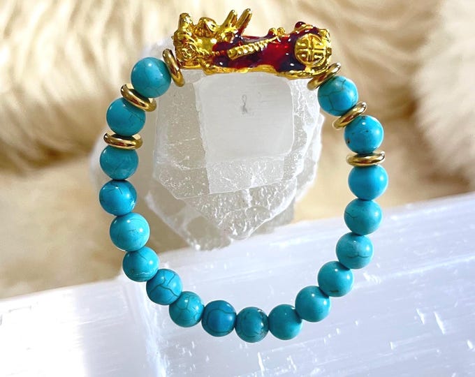 Turquoise Piyao | 8mm Natural High Quality Beaded Bracelet with Gold-Plated Pixiu | Luxury Feng Shui Wealth, Protection, Prosperity Gem