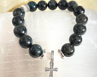 Green Kyanite Rosary Bracelet, 925 Sterling Silver, Unisex Healing Jewelry