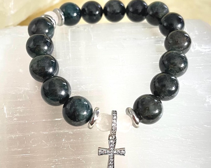 Green Kyanite Rosary Bracelet, 925 Sterling Silver, Unisex Healing Jewelry