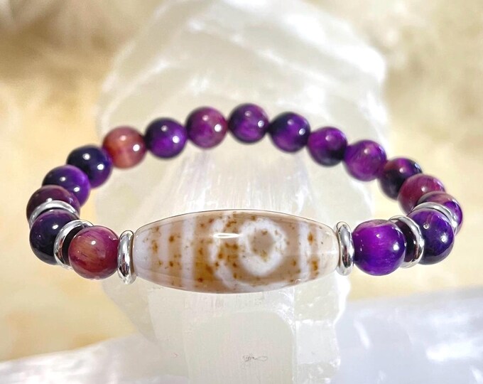 Mystical Tibetan Dzi Agate Amulet Tiger Eye Bracelet 8mm | Stainless Steel Accents | Unisex Talisman for Protection, Luck & Sacred Energy