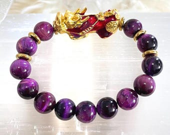 Purple Tiger Eye Bracelet – Gold Pixiu Charm, Feng Shui Wealth Talisman