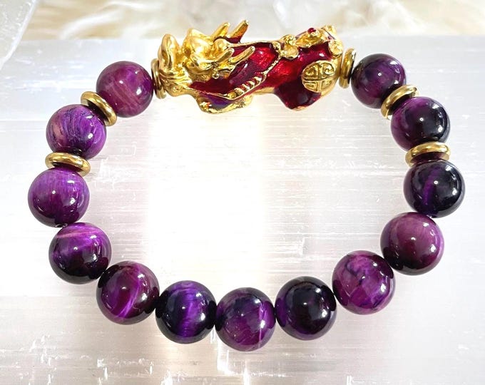 Purple Tiger Eye Bracelet – Gold Pixiu Charm, Feng Shui Wealth Talisman
