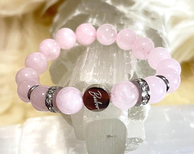 Rose Quartz Bracelet, 10mm Crystal, Rhinestone Accent, Stainless Steel