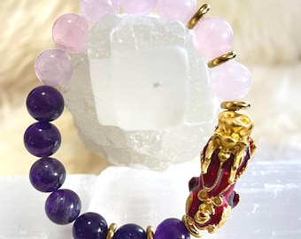 Amethyst & Rose Quartz Pixiu Bracelet 10mm – Feng Shui Piyao Charm for Love, Peace + Prosperity Talisman