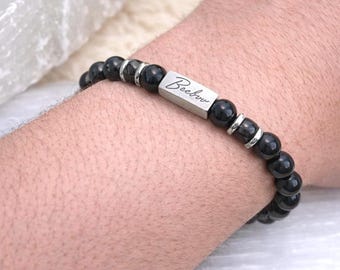 Onyx 8mm Bracelet Unisex | Natural Stone Beaded Bracelet with Stainless Steel Accents | Elastic Cord Healing Energy Jewelry