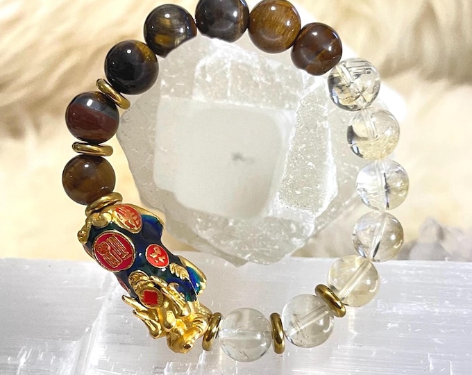 Pixiu Duo Combo Bracelet 10mm – Citrine & Tiger Eye Wealth, Confidence + Protection Talisman, Feng Shui Piyao Charm