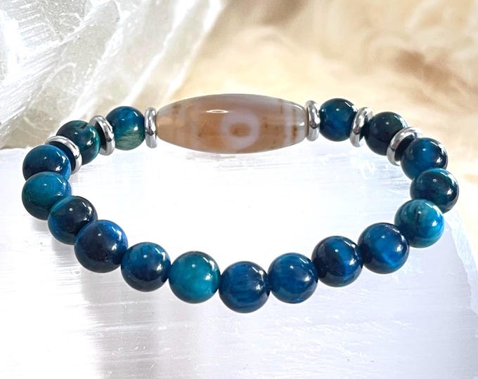 Mystical Tibetan Dzi Agate Amulet Bracelet Tiger Eye 8mm | Stainless Steel Accents | Unisex Talisman for Protection, Luck & Sacred Energy