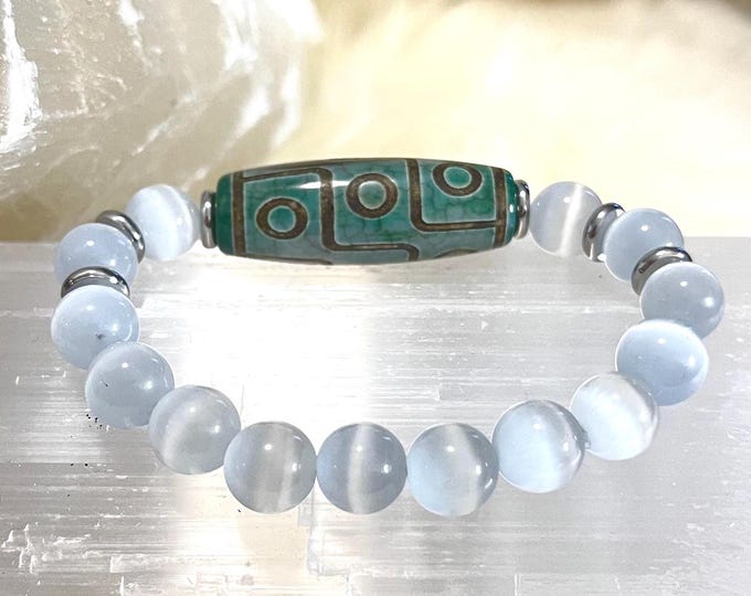 9 Eye Dzi Agate Bracelet with Cat's Eye Gemstones, Stainless Steel Accents