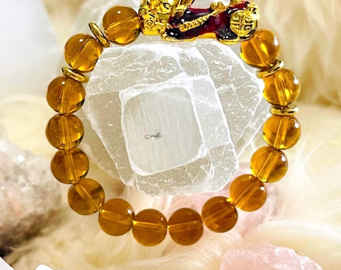 Amber Pixiu Bracelet | 10mm Natural Beaded  with Gold-Plated Pixiu | Luxury Feng Shui Healing, Protection & Wealth Jewelry for Him and Her