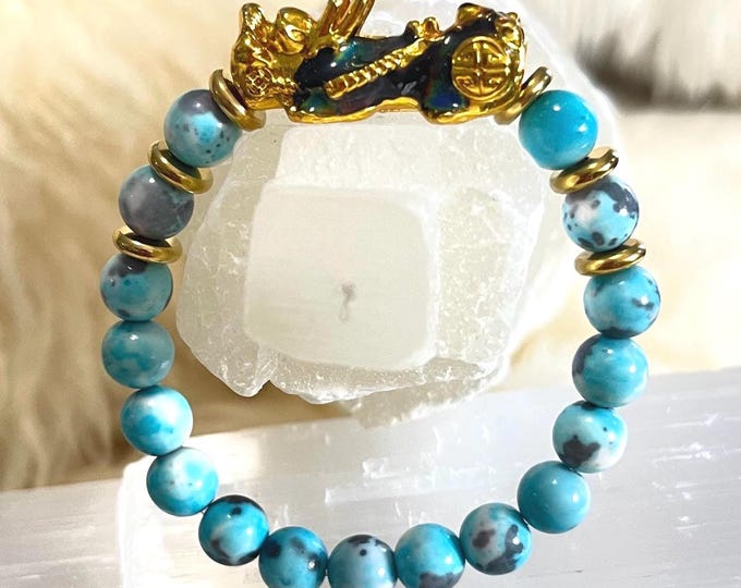 Rainflower Jasper Piyao | 8mm Natural High Quality Beaded Bracelet with Gold-Plated Pixiu | Luxury Feng Shui Wealth, Protection, Prosperity