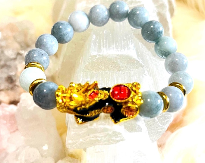 Burmese Jade Piyao | 10mm Natural High Quality Beaded Bracelet with Gold-Plated Pixiu | Luxury Feng Shui Wealth, Protection Jewelry
