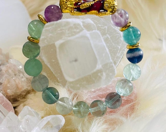Fluorite Piyao | 10mm Natural High Quality Beaded Bracelet with Gold-Plated Pixiu | Luxury Feng Shui Wealth, Protection Jewelry