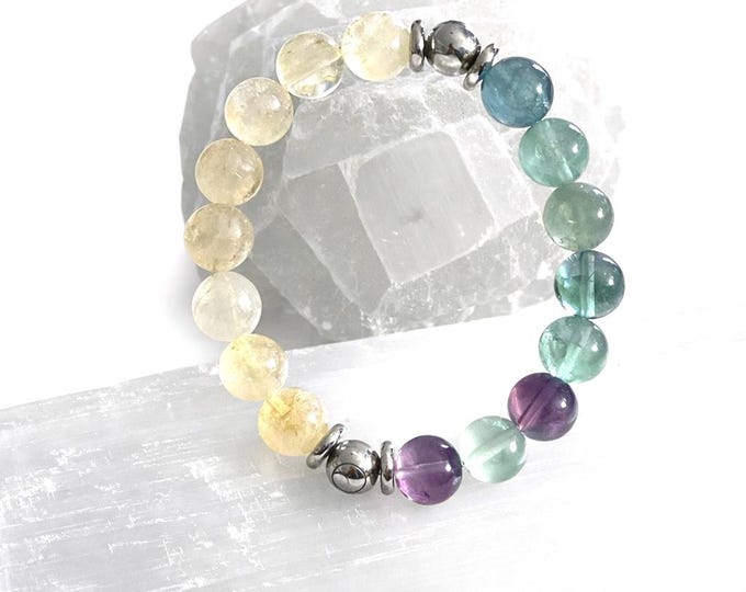 Citrine Fluorite Bracelet, 10mm Gemstone Beads, Stainless Steel Accent