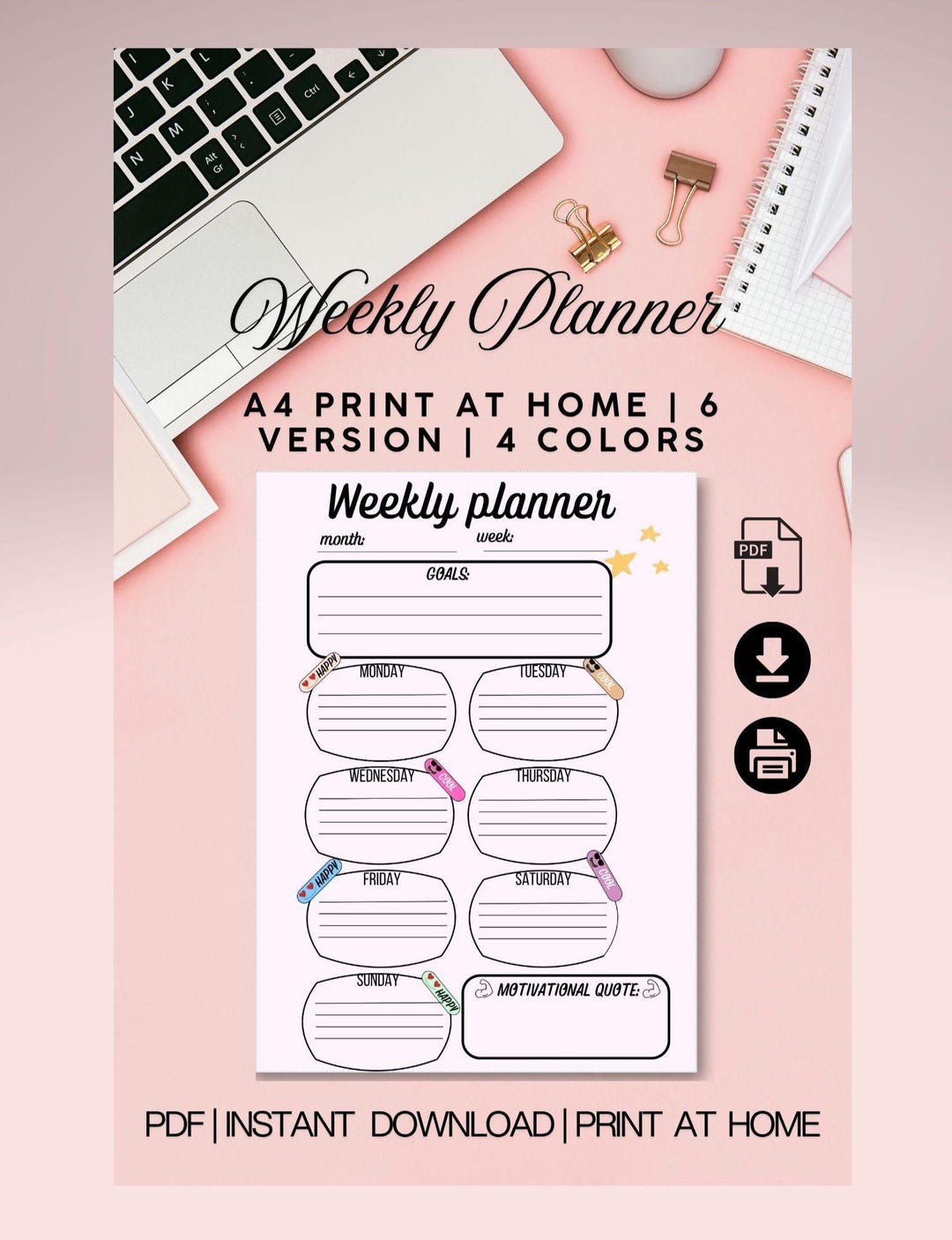 Minimalist Weekly Planner Printable | A4 PDF | 4 Colors | Undated ...