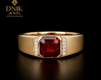 Men's Gold Ruby Signet Ring | Asscher Cut Red Stone, Diamond Accents