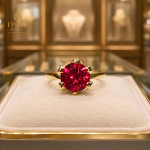 Anello solitario con rubino, anello di fidanzamento in oro con rubino, anello con pietra portafortuna di luglio, anello con rubino taglio rotondo, anello minimalista in oro, anello di promessa regalo per lei.