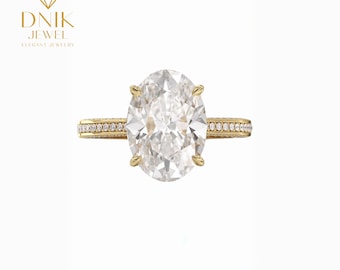Anillo de compromiso de moissanita de corte ovalado, banda de diamantes pavé, solitario de 4 puntas.