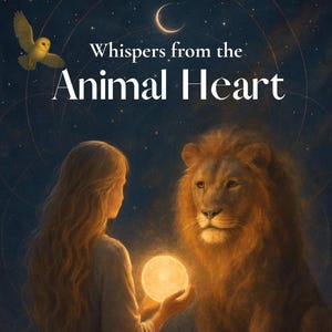 May include: A deck of cards titled Whispers from the Animal Heart featuring a person holding a glowing orb in front of a lion under a starry night sky with a crescent moon and an owl. The text reads A medicine Deck for the Inner Knowing, Emotional Wisdom & Sacred Reflection.