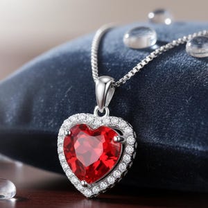 May include: A silver necklace with a heart-shaped pendant. The pendant features a large, faceted red gemstone at its center, surrounded by a halo of smaller, clear gemstones. The necklace is displayed on a dark blue velvet surface.